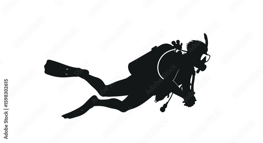 Fototapeta premium Underwater Scuba Diving silhouette vector illustration isolated on a white background 