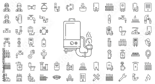 Heating and plumbing line icon set. Plumber, pipe, boiler, tap, meter, toilet, heated floor, gas wrench and more. Outline vector icon in linear style. Pictogram collection
