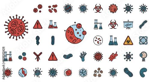 Virus icon set. Included icons as Colony of Bacteria, Bacteria, microbiology, biohazard, disease and more.black and white vector high resolution design
