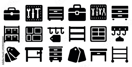 Tools and storage solid icons set – filled, silhouette, organization symbols