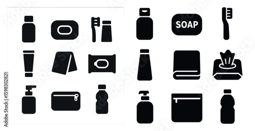 Bathroom essentials solid icons set – silhouette, toiletries, hygiene symbols