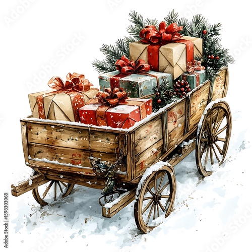 Watercolor illustration of a wooden cart laden with christmas gifts in a snowy winter landscape