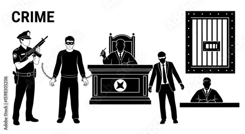 crime, law enforcement, police, handcuffs, weapon, thief, justice, criminal, judge, courtroom, jail, punishment
in black vector design
