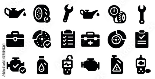 Automotive and maintenance icons set – solid, silhouette, tools and car parts symbols