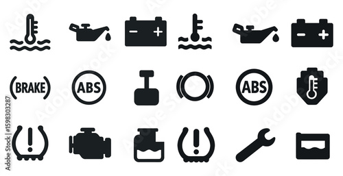 Automotive dashboard silhouette icons set – flat, filled, vehicle and car symbols