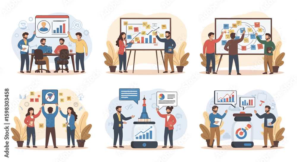 Fototapeta premium Growth and startup concept illustrations. Set of people vector illustrations in various activities of business, marketing, strategy, planning, data analytics, startup, launch product, success. 