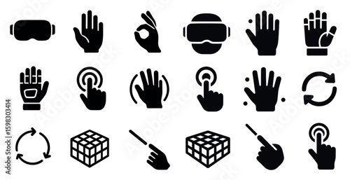 Hand gesture solid icons set – silhouette, interaction, touchscreen symbols