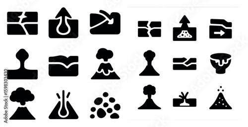 Geology and eruption silhouette icons set – flat, solid, volcanic hazard symbols