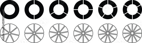 Circle pie chart, Circle divides on 1 to 12 equal parts. black pie Infographic element round shape.  Infographic wheel segment and fraction. Vector isolated on white background.