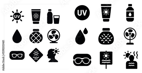 Summer and sun protection icons set – solid, filled, sunscreen and uv symbols