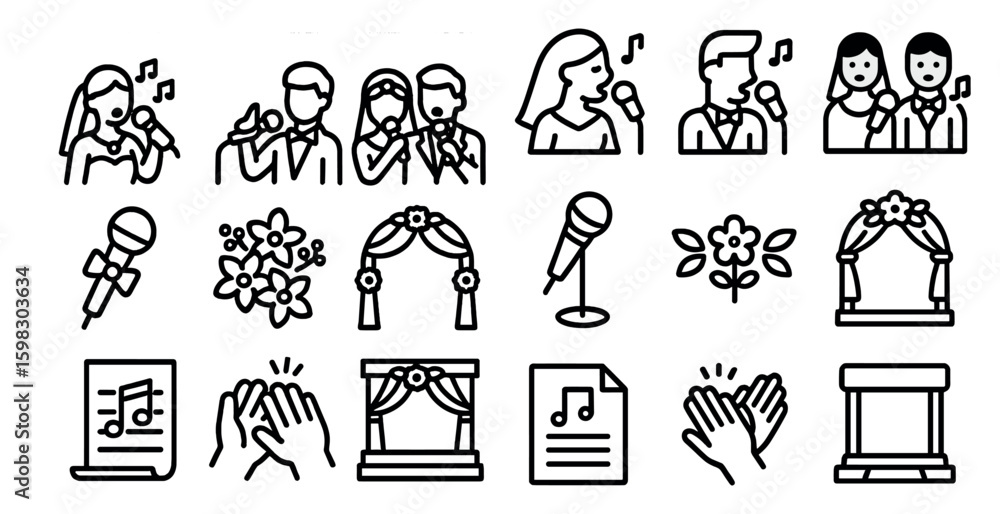 Obraz premium Wedding celebration line icons set – outline, linear, marriage and party symbols