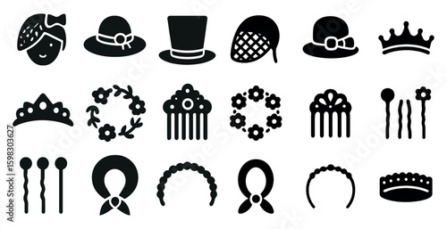 Fashion and accessories silhouette icons set – headwear, hats, crowns symbols