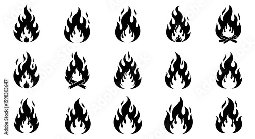 abstract flames, stylized fire, minimalist fire symbols, fiery shapes, monochrome fire icons, dynamic flame patterns, graphic fire elements, simplified fire designs, black and white flame motifs, abst