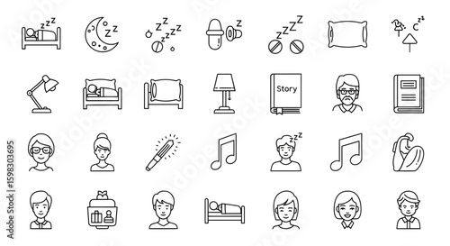 Sleep line icon set. Sleeping person, sleep, night rest, bed, pillow, sleeping pills, earplugs, moon, lullaby, bedtime story and more. Series outline icons. Vector pictogram collection
