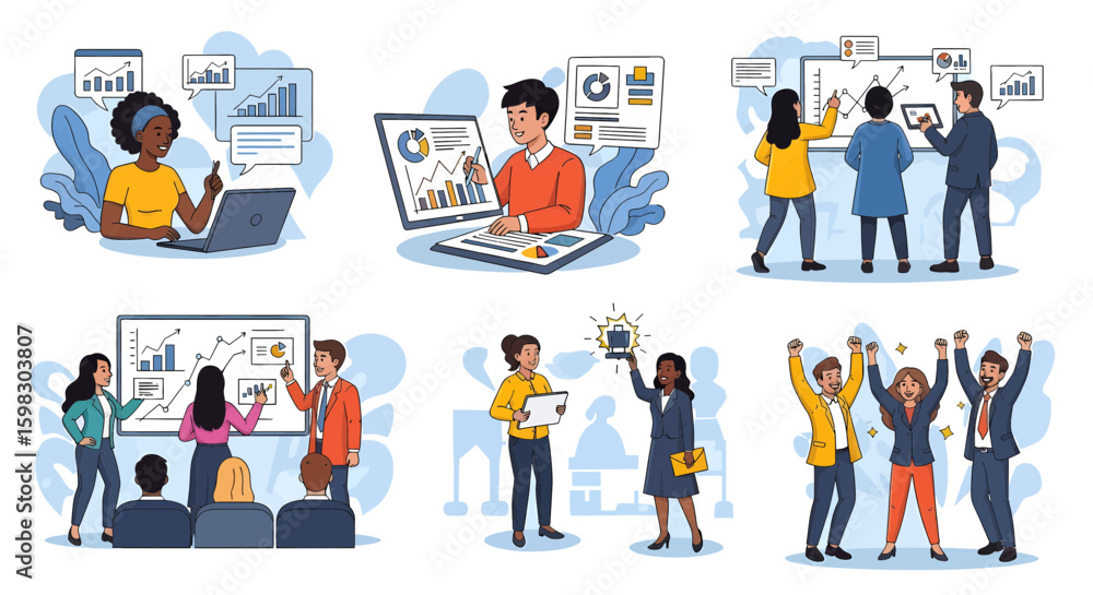 Growth and startup concept illustrations. Set of people vector illustrations in various activities of business, marketing, strategy, planning, data analytics, startup, launch product, success.
Growth and startup concept illustrations. Set of people vector illustrations in various activities of business, marketing, strategy, planning, data analytics, startup, launch product, success.