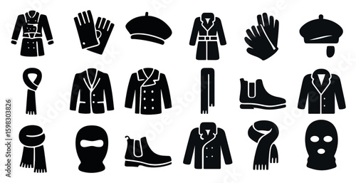 Winter clothing filled icons set – solid, cozy fashion and apparel symbols