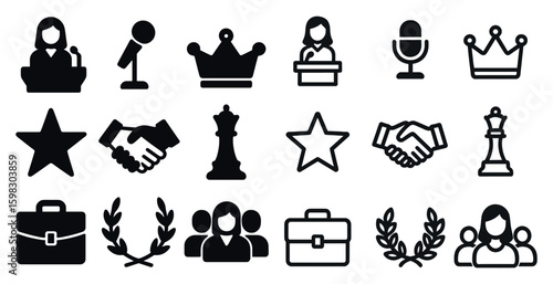 Business and leadership icons set – silhouette, solid, corporate and management symbols