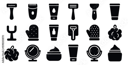 Personal care solid icons set – flat, filled, grooming and beauty essentials