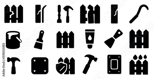 Fence and construction icons set – solid, silhouette, building and repair tools
