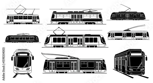 set of Tram city vehicle silhouette black and white vector illustration isolated on a white background
