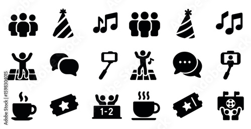 Party and celebration icons set – solid, filled, festive and event symbols