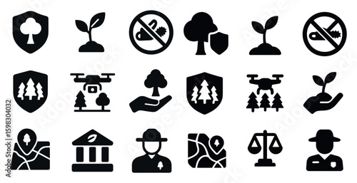 Forestry and conservation solid icons set – filled, silhouette, nature symbols