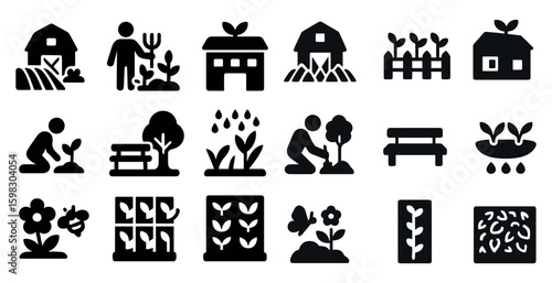 Gardening and farming solid icons set – flat, filled, horticulture and agriculture symbols