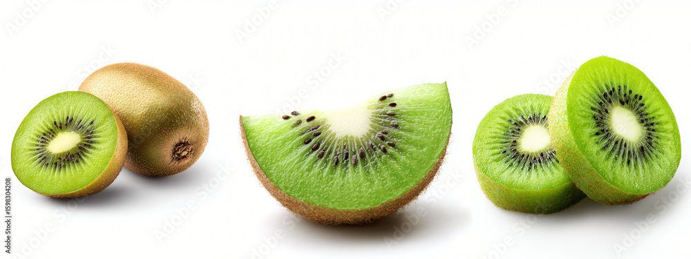Fototapeta premium Fresh kiwi fruit composition features whole and sliced kiwis for healthy eating.