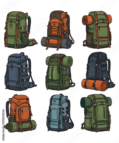 Colorful Hiking Backpacks with Camping Gear Illustration