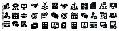 Business and communication solid icons set – management, teamwork, professional symbols