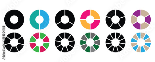 Circle division pie charts infographic icon set. Collection of colorful diagrams. Different color circles isolated. Infographic element round shape. Vector illustration isolated on white background. 