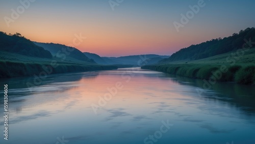 Wallpaper Mural Sunset over a river with lush green banks and a calm water surface, scenic landscape, tranquil environment, and natural beauty. Torontodigital.ca