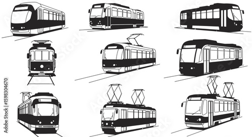 set of Tram city vehicle silhouette black and white vector illustration isolated on a white background
