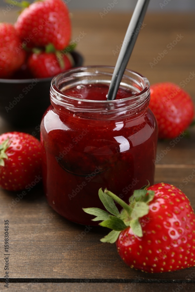 custom made wallpaper toronto digitalTasty homemade strawberry jam in glass jar and berries on wooden table, closeup