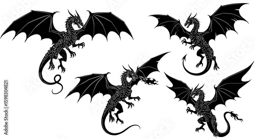 set of Black silhouette of a fantasy dragon flying or standing, with wings spread, horns, spiked tail, and fire-breathing posture, tribal or tattoo-style vector art, highly detailed, no background
