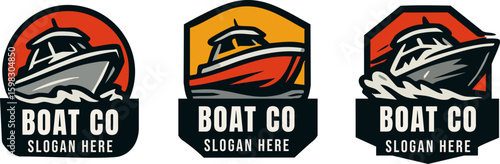 A set of three vintage-style motorboat logo emblem templates for a boat company.