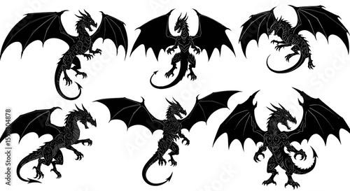 set of Black silhouette of a fantasy dragon flying or standing, with wings spread, horns, spiked tail, and fire-breathing posture, tribal or tattoo-style vector art, highly detailed, no background
