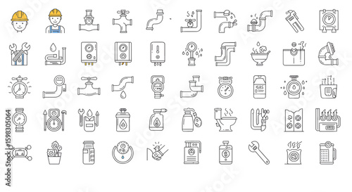 Heating and plumbing line icon set. Plumber, pipe, boiler, tap, meter, toilet, heated floor, gas wrench and more. Outline vector icon in linear style. Pictogram collection
