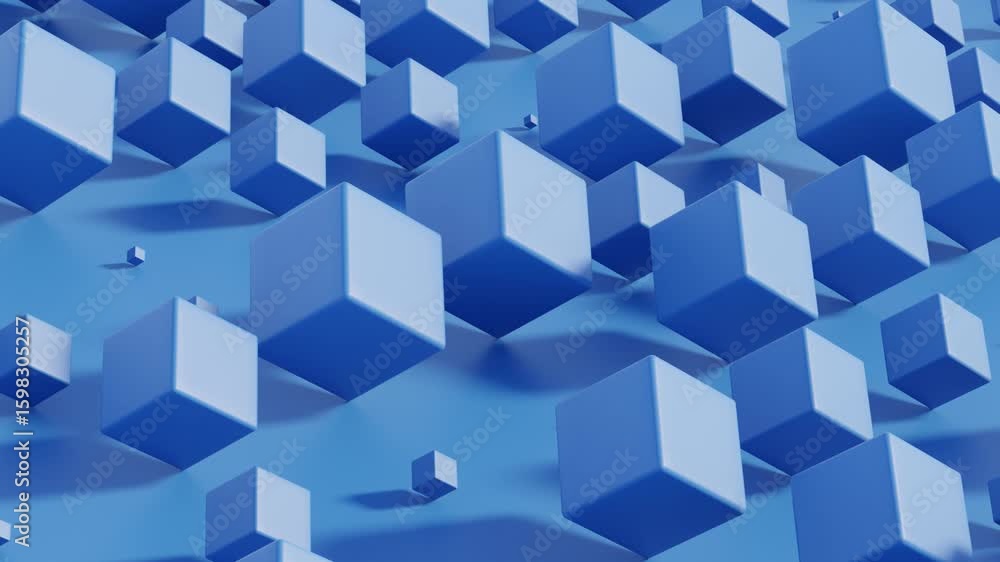Dynamic Blue 3D Background Featuring Tilted Cubes of Different Sizes Balanced on Corners in Neat Rows – Seamless Loop for Modern Motion Design and Digital Media Dynamic Blue 3D Background Featuring Tilted Cubes of Different Sizes Balanced on Corners in Neat Rows – Seamless Loop for Modern Motion Design and Digital Media
