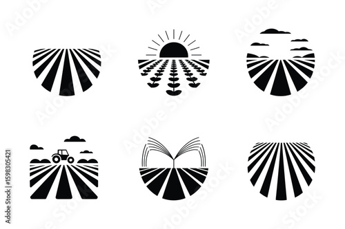 Agricultural field sunrise tractor and plant icons agriculture farming