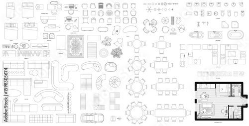 Furniture in top view. Vector illustration of isolated interior objects on white background.