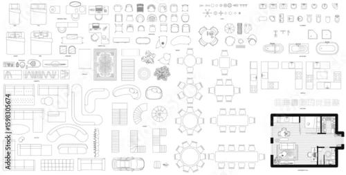 Obraz Furniture in top view. Vector illustration of isolated interior objects on white background.