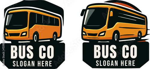 Set of two modern orange bus company logo templates with placeholder text for a slogan.