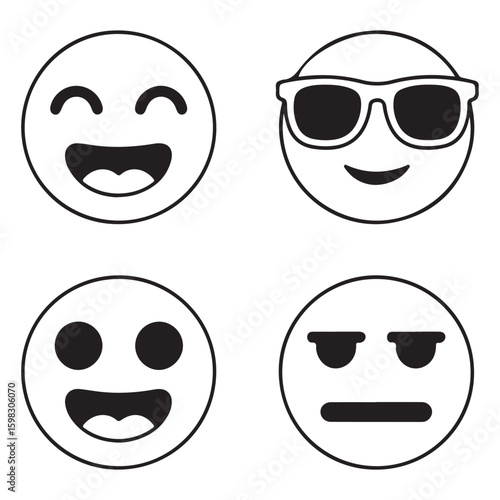 Four distinct emoji faces showcasing happiness coolness surprise and unimpressed emotions in a simple black and white illustration