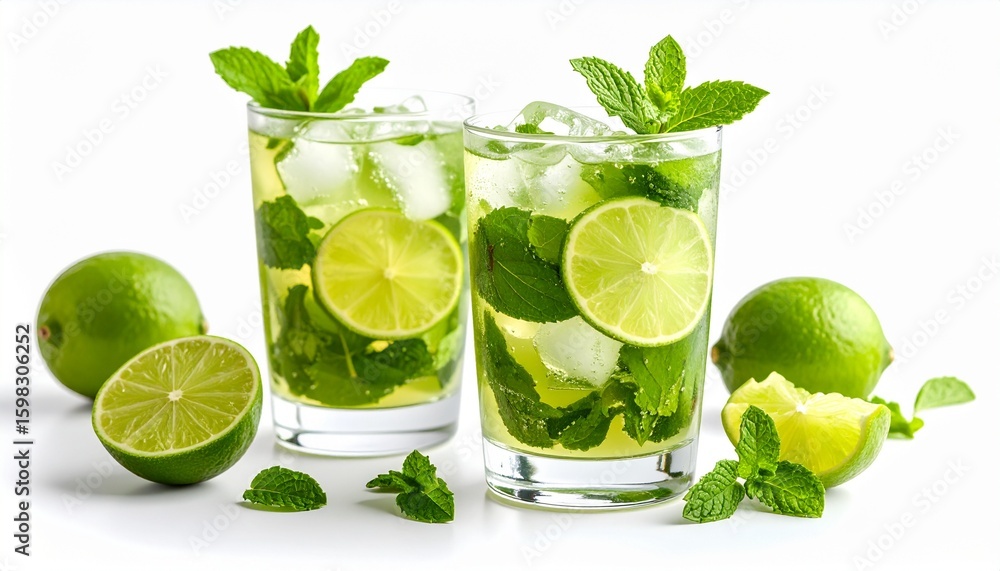 Fototapeta premium Refrescantes cócteles de mojito con lima y hojas de menta fresca en vasos transparentes sobre fondo blanco.