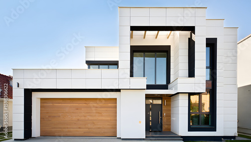 A modern white house with a wooden garage door stands tall