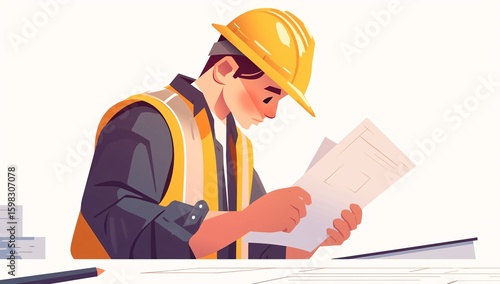 Construction manager on site reading blueprint