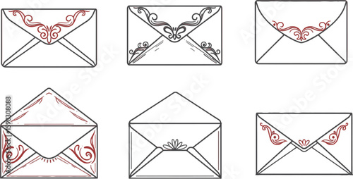 Vector art of a set of six vintage envelope illustrations with decorative details, isolated on white background