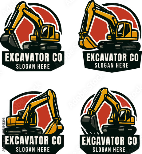 Excavator Company Logo Set with Yellow Machines and Red Backgrounds.