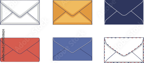 Vector art of a group of six colorful envelope illustrations with a clean and modern design, isolated on white background